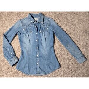 Wrangler Retro Women's Lasso Embroidered Cowboy Snap Shirt Denim Button XS Blue
